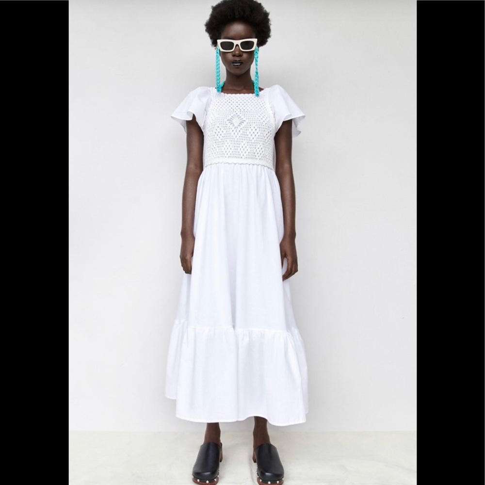 NWT Zara Size XS White Crocheted 🧶 Linen Blend Short Sleeve Midi Dress